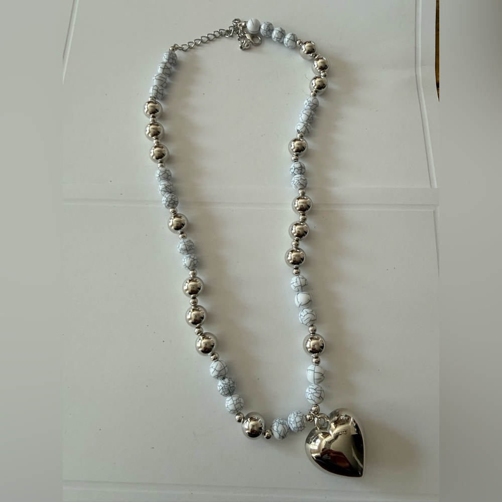 Silver and White Beaded Heart Pendant Necklace - Women Jewelry